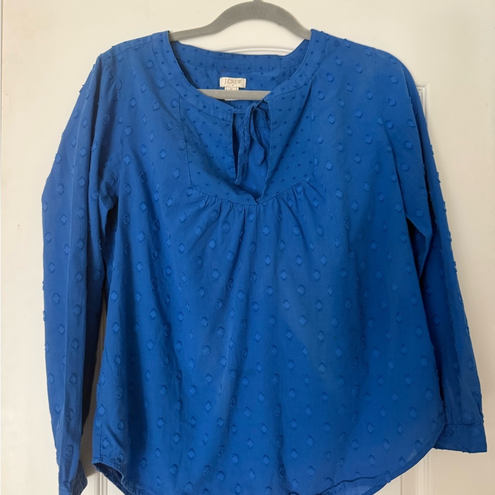J. Crew Swiss Dot Blue 100% Cotton Textured Peasant Blouse Small